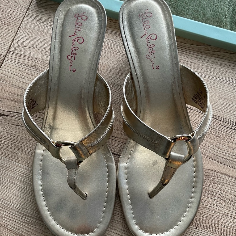 Lilly Pulitzer McKim Wedge Size 9 Gold Slip On Leather Sandals Womens 80719